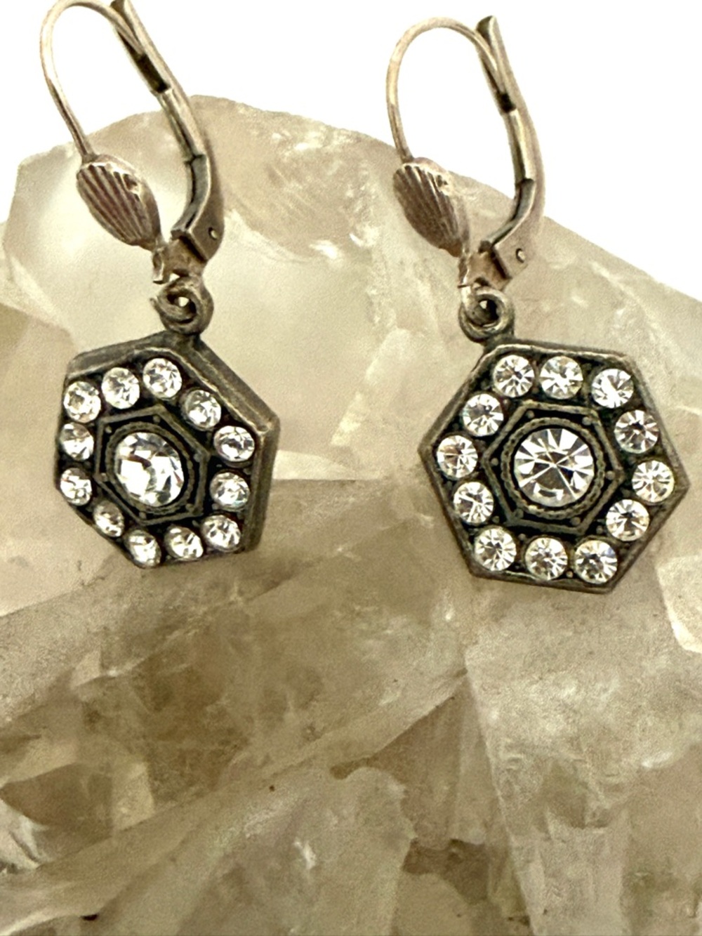 Crystal Hexagon Drop Earrings - Clear Crystal Accent